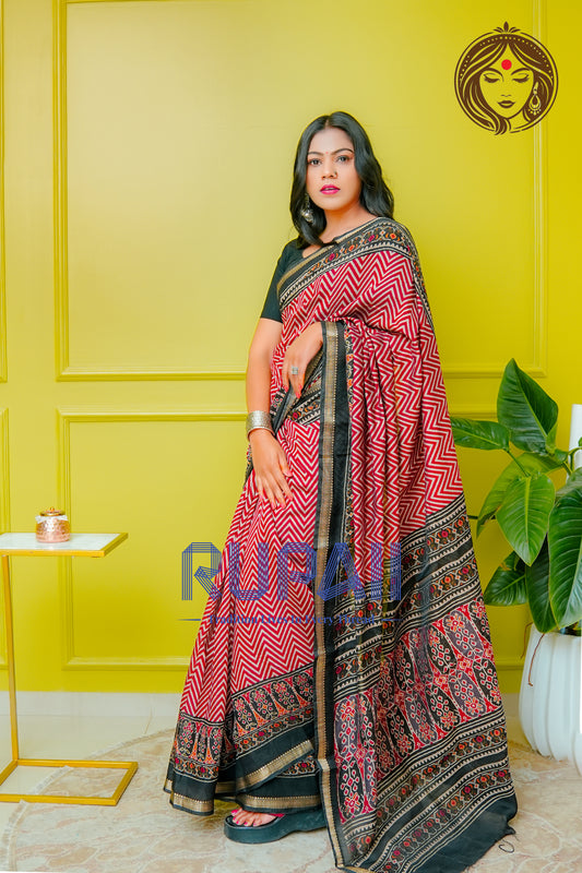 Crimson Chevron Heritage Cotton Silk Saree with Ethnic Border