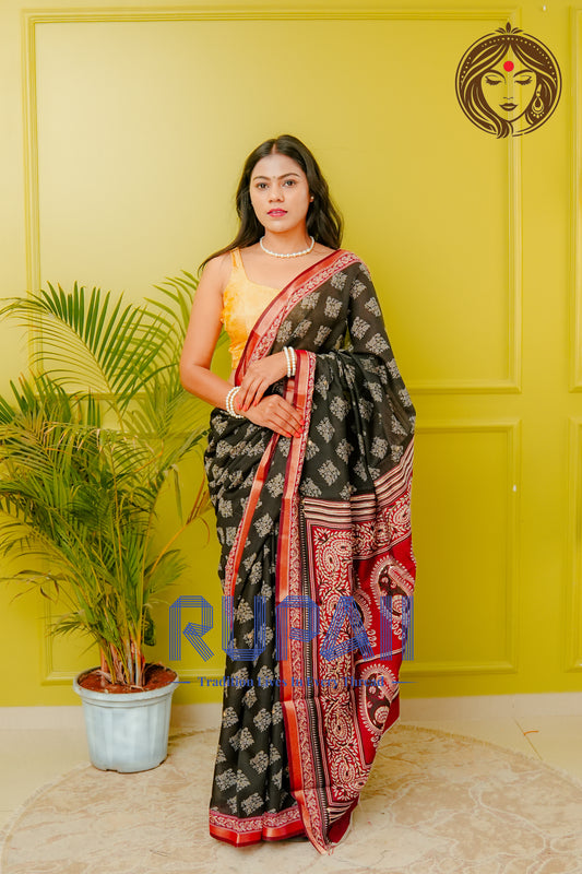 Midnight Crimson Bloom Cotton Silk Saree